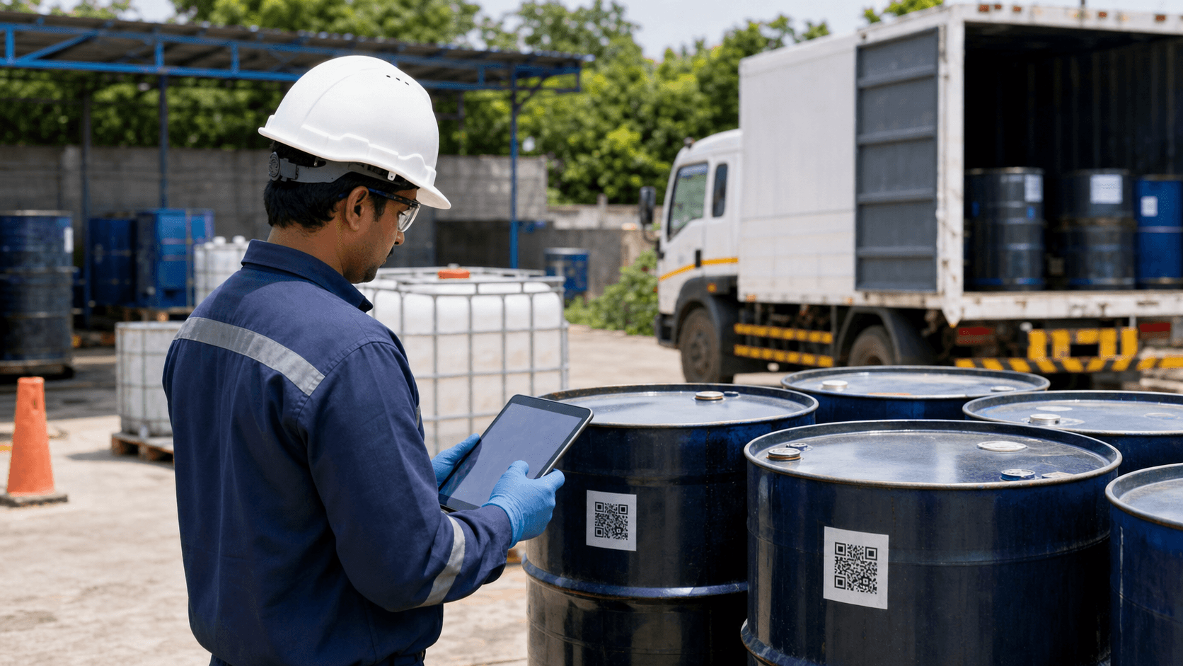 A logistics operator using a tablet beside sealed used oil drums