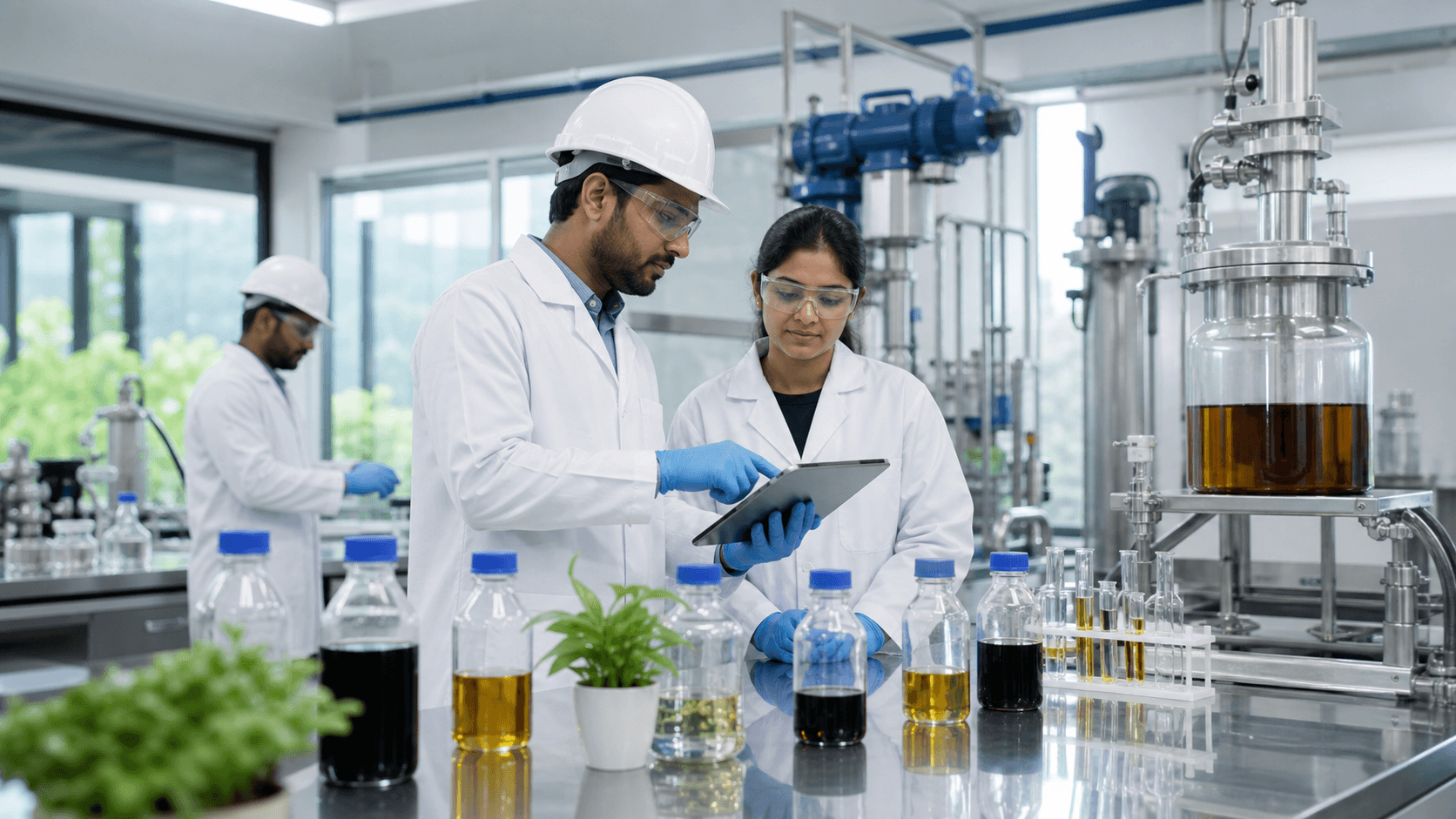 Engineers reviewing used oil quality samples inside a recycling laboratory